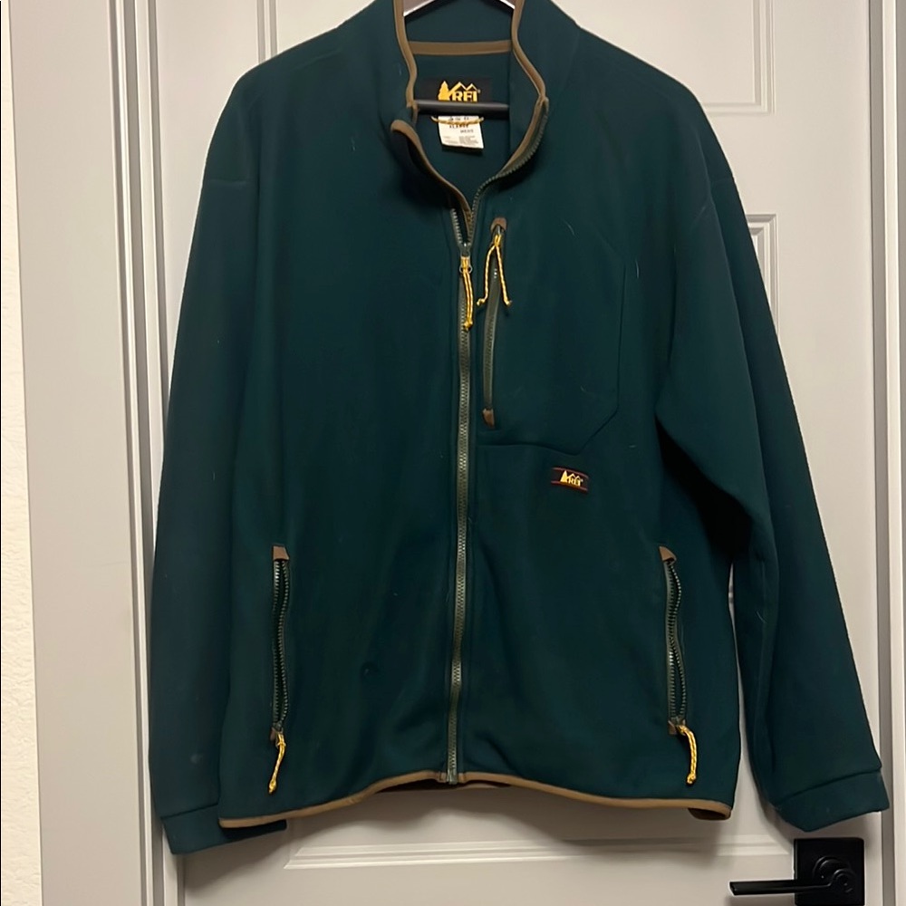 REI Dark Green Fleece Jacket with Yellow Zippers